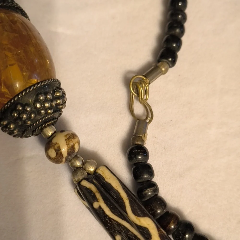 Vintage Amber , Metal Wood Statement Necklace - Picture 7 of 11